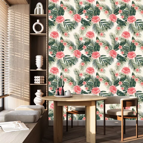 Tapete Hibiskusblätter und -blüten