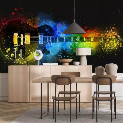 Fototapete Mit buntem Staub bestreute schwarze Gitarre