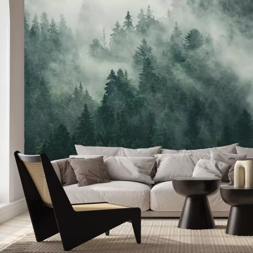 Fototapete Nebliger Tannenwald im Retro-Vintage-Stil