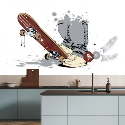 Sticker Skateboard mit seinen Füßen in Turnschuhen und Jeans