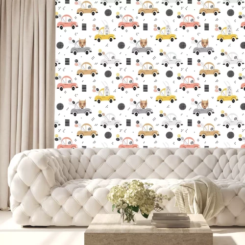 Tapete Seamless baby pattern with cute fox, rabbit in the car. Creative kids texture for fabric, textile, wallpaper, and wrapping. Vector illustration