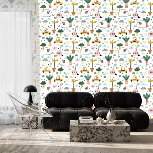 Tapete Baby seamless pattern with cute elephants, cars, clouds and tropical plants. Vector texture in childish style great for fabric and textile, wallpapers, backgrounds. Pastel colors.