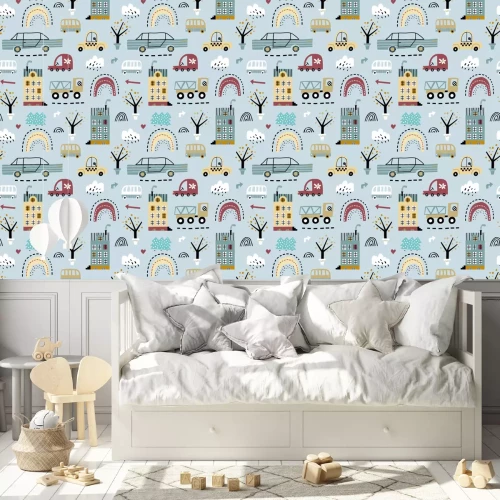 Tapete Kindliches nahtloses Muster mit Gebäuden, Straße, Transport, abstrakten Bäumen. Vektorbeschaffenheit im kindlichen Stil ideal für Stoff und Textil, Tapeten, Hintergründe. Kreative Stadt kindliche Text