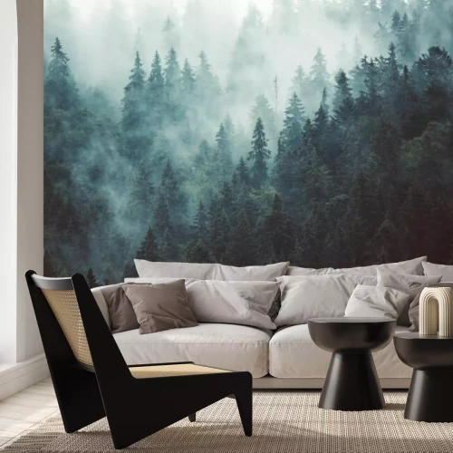 Fototapete Nebliger Tannenwald im Retro-Vintage-Stil