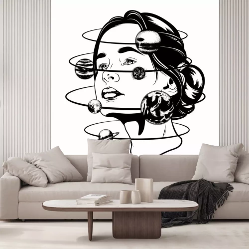 Sticker Vector hand drawn illustration of young beautiful woman,  geometrical composition and planets. Template for card, poster, banner, print for t-shirt.