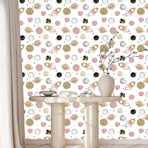 Tapete Seamless childish space pattern with hand drawn planets and rockets.