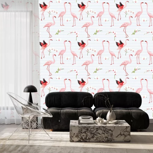 Tapete Flamingos und Orchideen auf gestreiftem Hintergrund