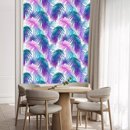 Tapete Neonpalmenblätter auf weißem Hintergrund