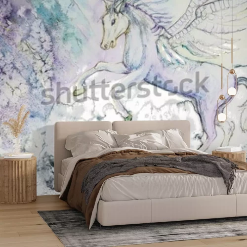 Fototapete Mit Aquarellfarbe gemalter jugendlicher Pegasus