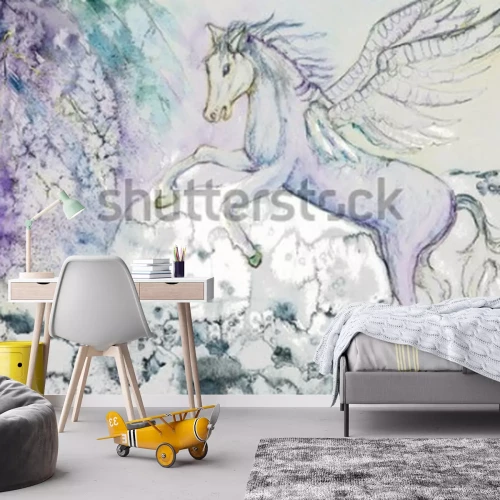 Fototapete Mit Aquarellfarbe gemalter jugendlicher Pegasus