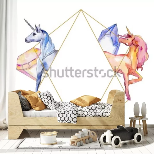 Sticker Nettes Einhornpferd. Märchenkinder süßer Traum. Regenbogen Tier Horn Charakter. Rahmenrand Ornament Quadrat. Wildes Tier des Aquarells für Hintergrund, Beschaffenheit, Verpackungsmuster oder Tätowieru