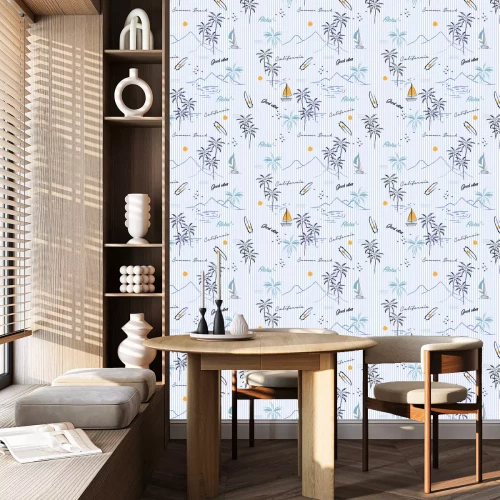 Tapete Sommersymbole auf blauen und weißen Streifen