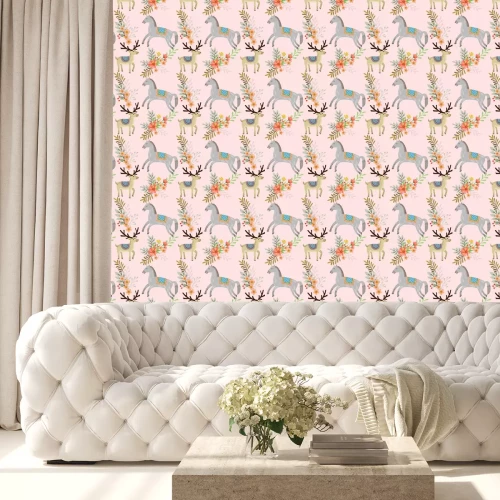 Tapete Pferde für ein Mädchen und Pastellblumen