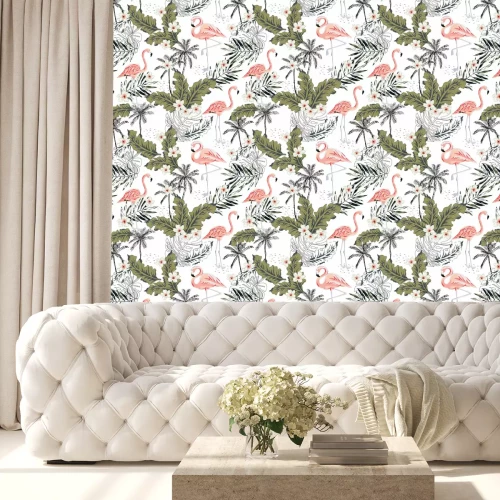 Tapete Tropical pink flamingo birds, plumeria flowers, palm leaves, trees white background. Vector seamless pattern. Graphic illustration. Exotic jungle plants. Summer beach floral design. Paradise nature