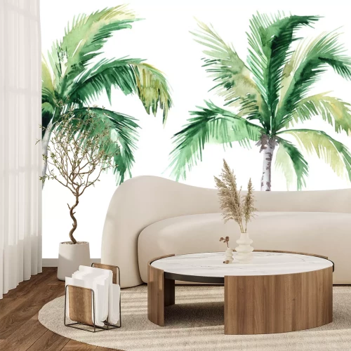 Sticker Set of pictures of hand drawn watercolor palm trees. picturesque image of a palm tree. palm tree on the beach