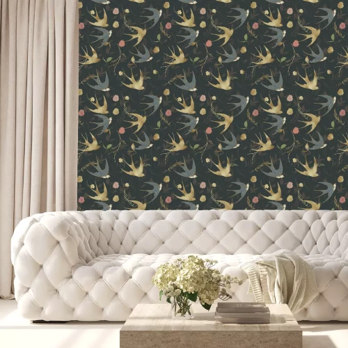 Tapete Schwalben und Blumen