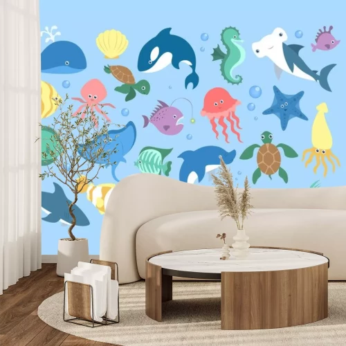 Sticker Bunte Fische im Ozean und Muscheln blauer Hintergrund