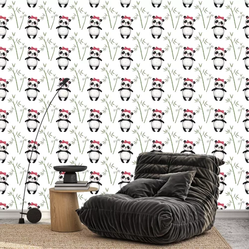 Tapete Schwarz-weiße Bären zwischen Bambuszweigen