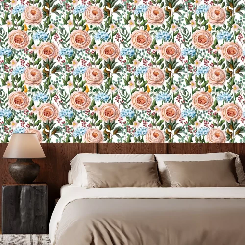 Tapete Bunte Blumen und Blätter auf weißem Hintergrund