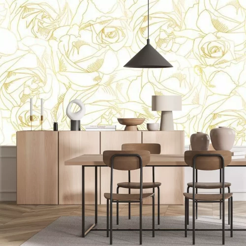 Sticker Roses bud outlines. Vector pattern with contours of flowers in golden colors. Abstract art, hand-drawn romantic background. Vector illustration, eps10. Template for poster, banner, cover, leaflets.