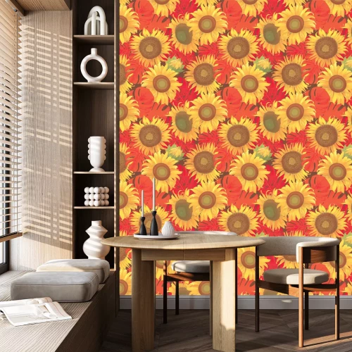Tapete Sonnenblumen und tropische Blätter
