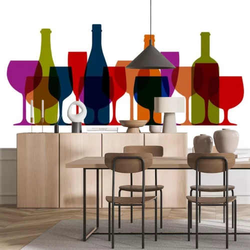 Sticker Flaschen und Gläser mit Wein verschiedene Farben