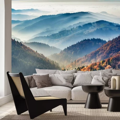 Fototapete Scenic mountain landscape. View on the Black Forest, Germany, covered in fog. Colorful travel background.