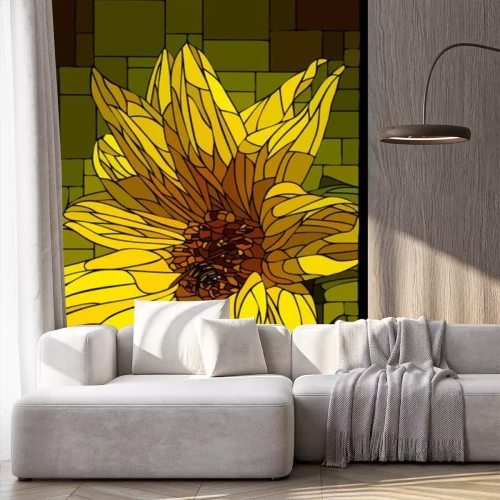 Sticker Vector stained glass window with blooming yellow sunflower.
