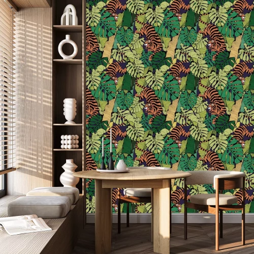 Tapete Tiger in tropical leaves. Crouching Tiger. Seamless vector pattern