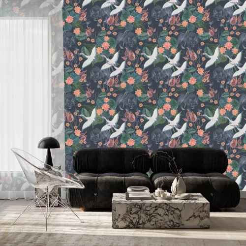 Tapete Retro-Kräne und Pflanzen