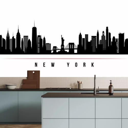 Sticker New York city skyline horizontal banner. Black and white silhouette of New York city, USA. Vector template for your design.
