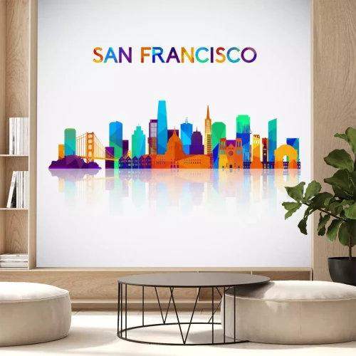 Sticker San Francisco skyline silhouette in colorful geometric style. Symbol for your design. Vector illustration.