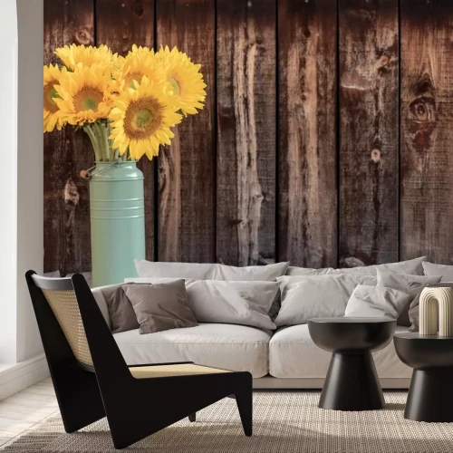 Sticker Blumenstrauß aus Sonnenblumen auf einem hölzernen Hintergrund