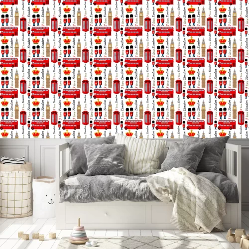 Tapete Abstraktes nahtloses London-Muster für Mädchen oder Jungen. Kreativer Vektorhintergrund mit Soldat, Turm, England. Lustiges Muster für Textil und Stoff. Mode England Stil. Buntes helles Bild