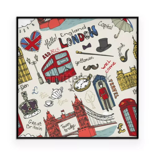 Poster Londoner Symbole und Inschriften im Comic-Stil
