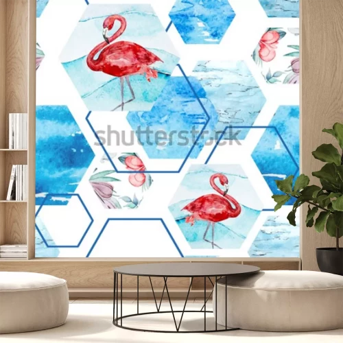 Sticker Tiere rosa Flamingos und blaue Sechsecke