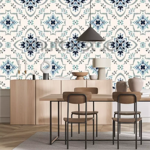 Sticker Talavera-Muster Azulejos Portugal. Türkische Verzierung Marokkanisches Fliesenmosaik. Spanisches Porzellan. Keramikgeschirr, Folk-Print. Spanische Keramik Ethnischer Hintergrund. Mediterrane nahtlose 