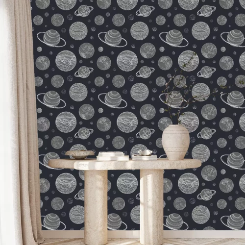 Tapete Seamless pattern with planets and other astronomical objects in outer space. Backdrop with planetary bodies hand drawn in dot art style. Monochrome vector illustration for wallpaper, fabric print.