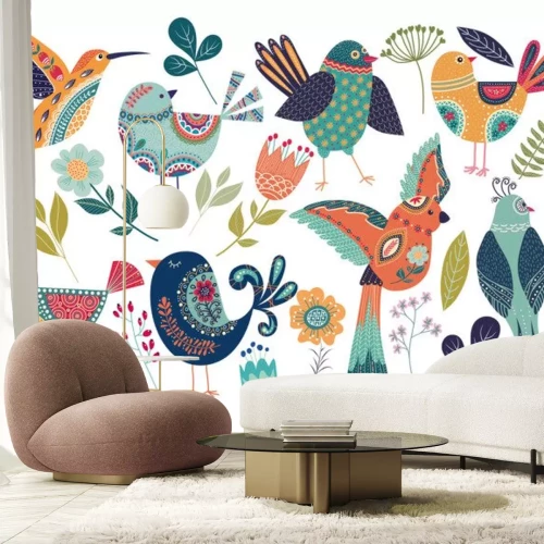 Sticker Folk Vögel auf weißem Hintergrund