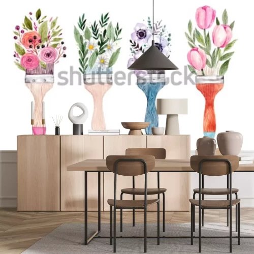 Sticker Illustration mit Blumen auf Pinseln