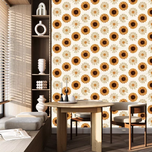 Tapete Sonnenblumen und Retro-Gänseblümchen