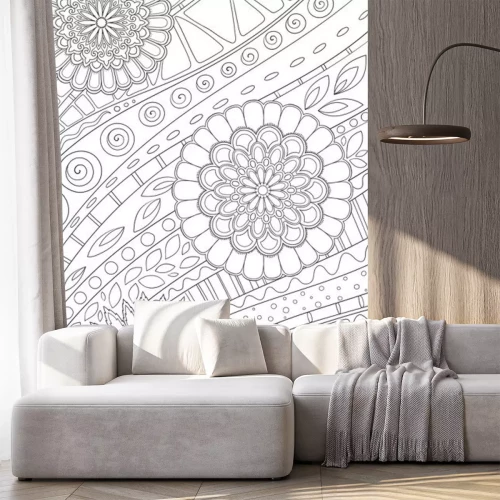 Sticker Coloring page for adult and kids coloring book or bullet journal. Doodle floral pattern with flowers and geometric lines. Black and white vector background