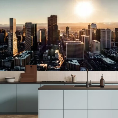 Fototapete Aerial drone photo - City of Denver Colorado at sunset