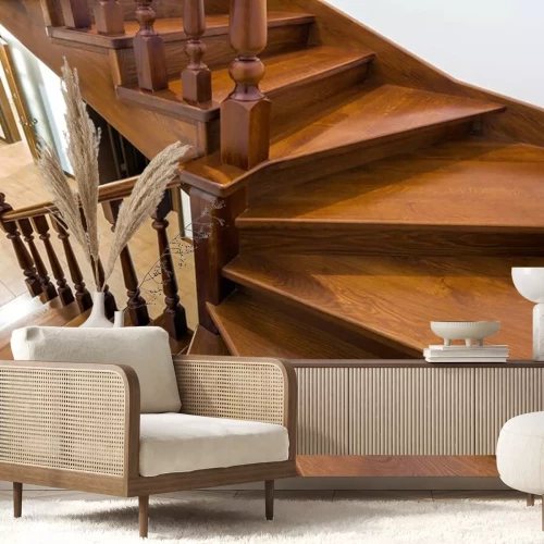 Sticker Close-up detail of brown wooden stairs