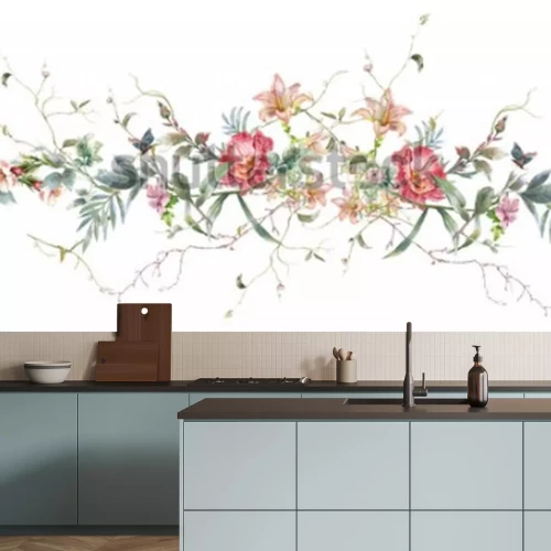 Sticker Aquarellmalerei des Blattes und der Blumen, nahtloses Muster auf weißem Hintergrund