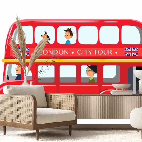 Sticker Vector illustration isolated on white background. English red double-decker bus side view flat style. Element infographic, website, icon, postcards, place for text. Cute and funny characters inside