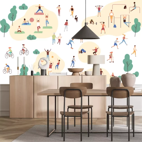 Sticker Gruppe von Personen, die Sportaktivitäten am Park durchführt - Yoga- und Gymnastikübungen ausführen, Rütteln, Fahrradfahren, Ballspiel und Tennis spielen. Outdoor-Training. Flache Karikaturvektorillus