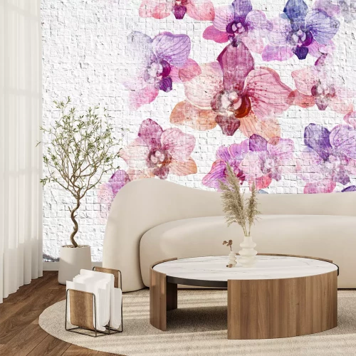 Fototapete 3D Mauer mit gemalten Orchideen