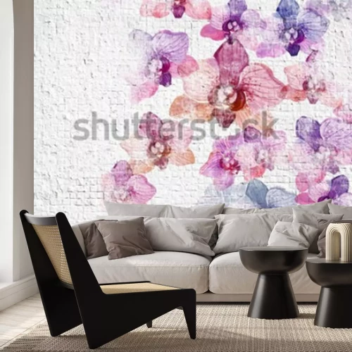 Fototapete 3D Mauer mit gemalten Orchideen