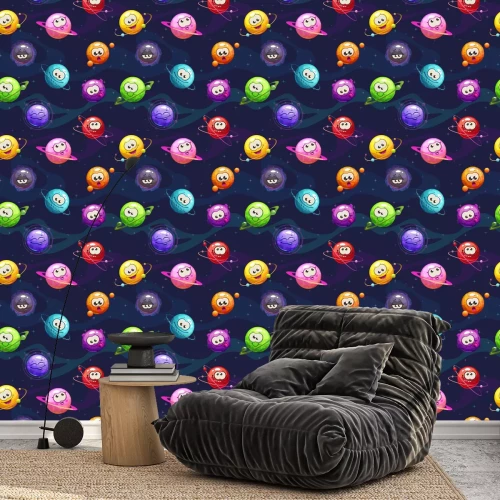Tapete Seamless pattern with cute cartoon funny planets.